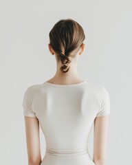 Minimalistische Rückenansicht einer Frau in einem Bodysuit vor weißem Hintergrund
