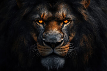 Fototapeta premium Close-up of a lion's majestic face, intense gaze, and golden mane against a blurred savanna background.