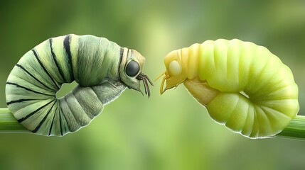 Close Encounter of Two Caterpillars on a Green Leaf in Nature