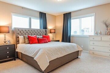 A modern bedroom is decorated with a large upholstered bed