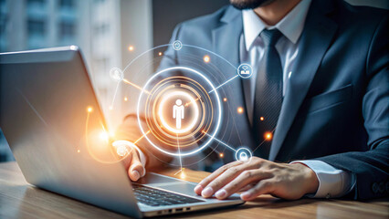 Close up of a businessperson in a formal outfit using a laptop on a wooden desk, illuminated by a soft, focused light with a modern, technological