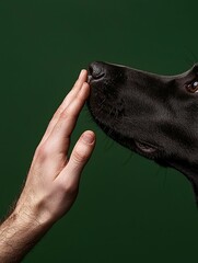 Close-up of human hand touching dog's nose