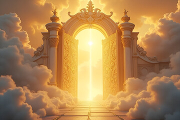 A grand pair of pearly gates stands majestically among fluffy, glowing clouds, bathed in a divine golden light. The gates shimmer with an ethereal glow, adorned with intricate angelic carvings. Beyond
