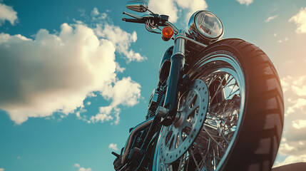 Fototapeta premium Chrome wheels and freedom: a classic motorbike, positioned against the backdrop of a vast sky dotted with fluffy clouds, speaks of adventures and open roads.