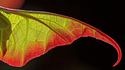 Vibrant Green and Red Leaf with Intricate Veins and Backlighting