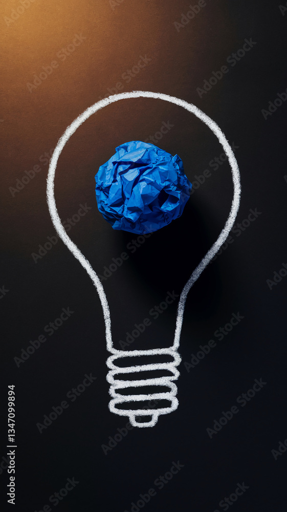 Poster chalk lightbulb outline on dark surface, containing crumpled blue paper ball symbolizing idea genera