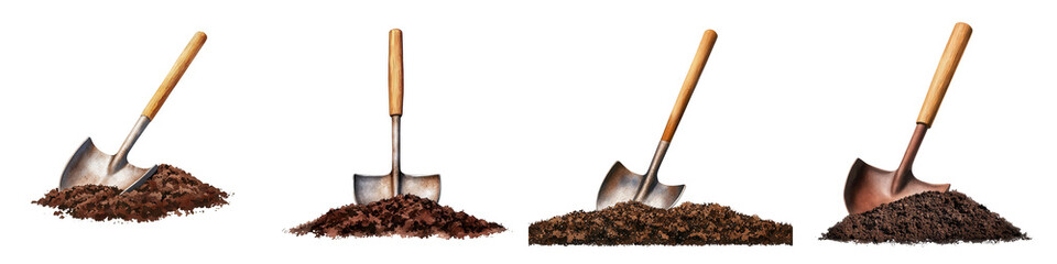 Various Types of Soil with Shovels on Isolated Backgrounds