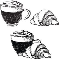 Hand drawn vector with a set of cappuccino with foam and caramel topping in a glass mug and a croissant. Can be used on fabrics and paper products and other. Make any compositions yourself.