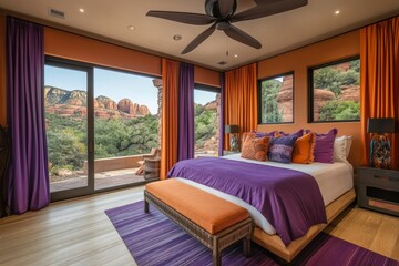 A beautifully designed bedroom overlooking a stunning landscape view