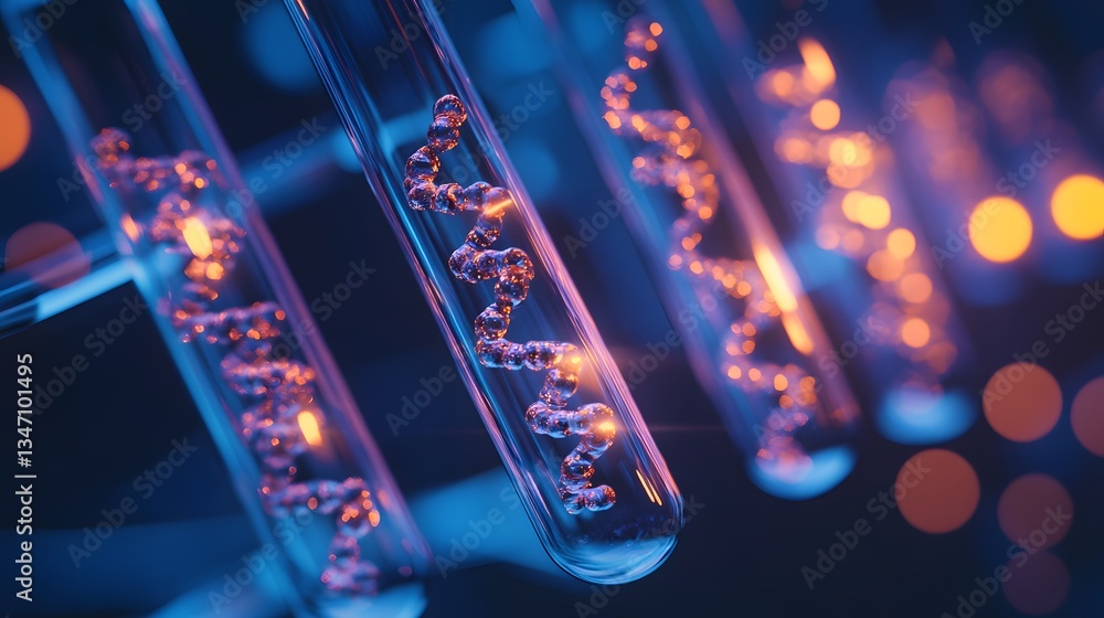 Aufkleber ethereal test tubes with dna helix illuminated by soft blue light