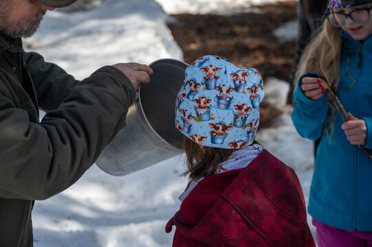 In the heart of the woods, a child with a playful hat assists an adult in pouring collected maple sap from a metal bucket.
