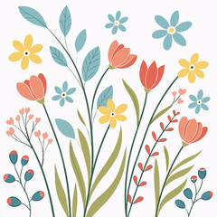 A seamless floral pattern with vector flowers and leaves evokes spring nature's beauty