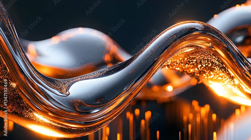 Poster fluid metallic waves with glowing particles in dark background