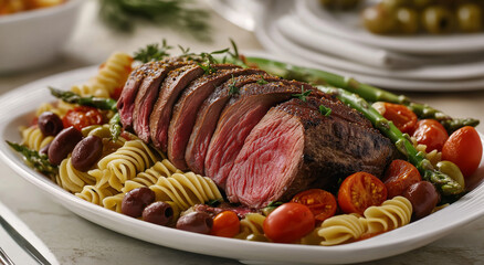 uma impressionante exibição de carnes na mesa, com um raro filé médio de rosbife acompanhado de macarrão, tomates, aspargos e azeitonas variadas, tudo servido elegantemente em um prato branco sobre