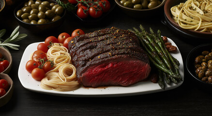 uma impressionante exibição de carnes na mesa, com um raro filé médio de rosbife acompanhado de macarrão, tomates, aspargos e azeitonas variadas, tudo servido elegantemente em um prato branco sobre