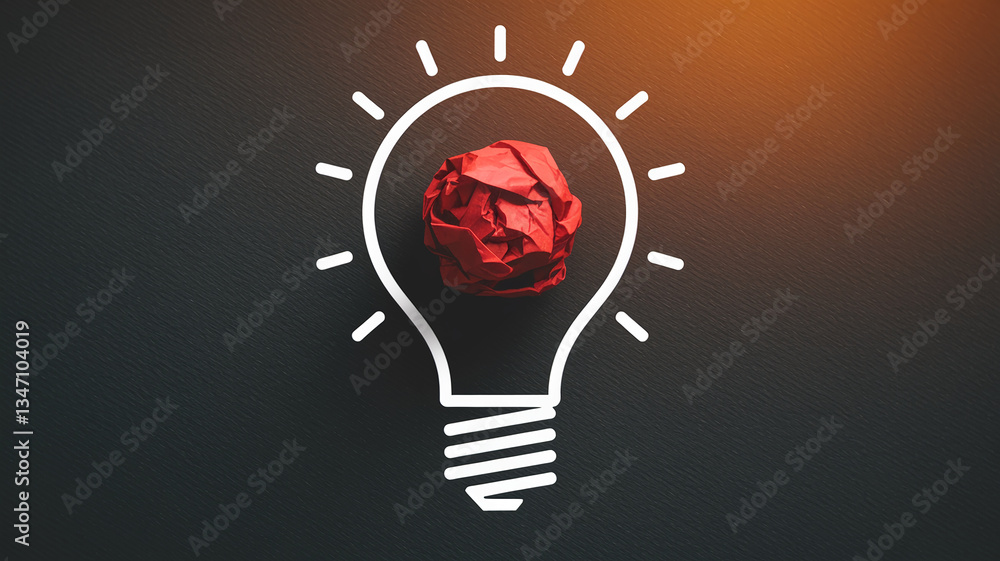 Poster red crumpled paper ball inside white lightbulb outline on dark background, symbolizing creative idea