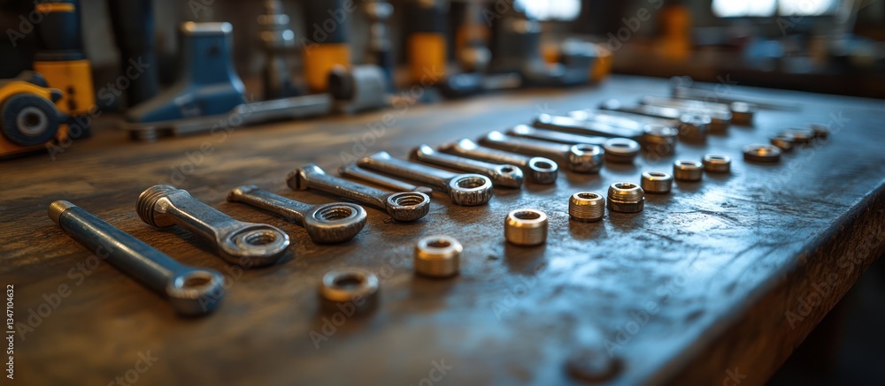 Aufkleber assorted tools and nuts on workbench.