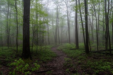 Obraz premium Foggy woods at spring dawn reveal magical charm of speckled rays dew-laden vistas and revitalizing vibe of seasonal shift 