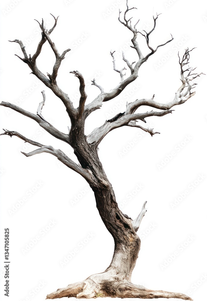 Poster isolated weathered tree on white background showing branches and trunk detail