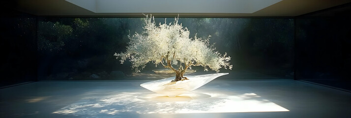 White Blossoming Tree in Minimalist Setting