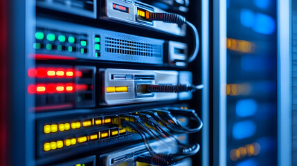 Closeup View Of Server Rack With Cables And Lights