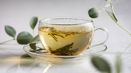 A glass teacup filled with vibrant yellow-green herbal tea rests on a delicate glass saucer, offering a bright, soothing sip in a fragile glow