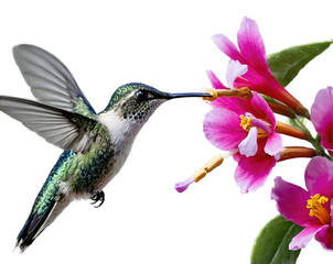 Fototapeta premium Vibrant Hummingbird Sipping Nectar from a Fuchsia Flower with Green Leaves