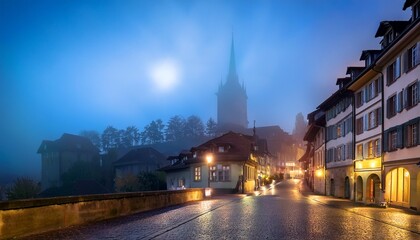 Obraz premium AI generated image of Bern at night with fog