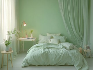 A serene and calming bedroom furnished in soft pastel colors