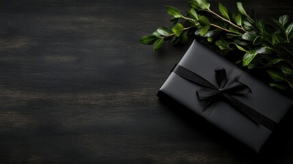 Elegant black gift box with greenery