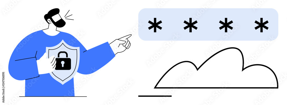Aufkleber man with shield lock symbol points at password asterisks above cloud. ideal for cybersecurity, onlin