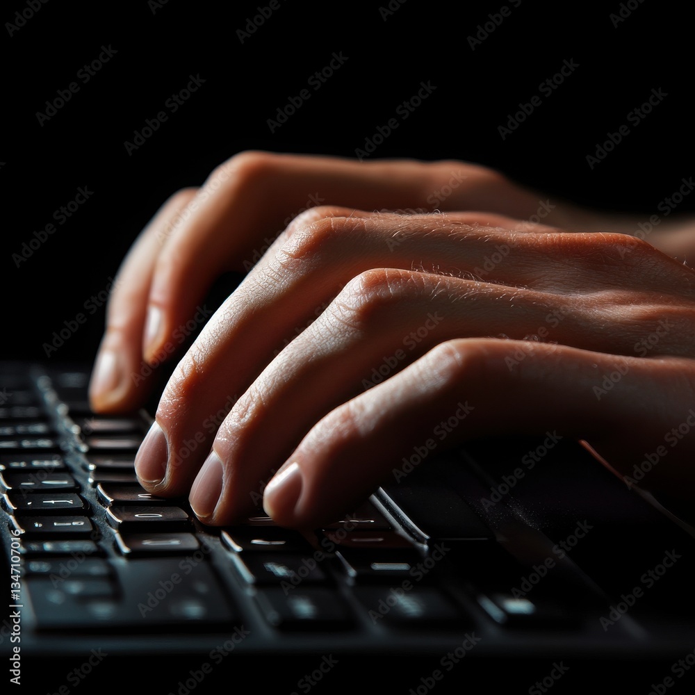 Poster closeup of hands typing on a laptop keyboard in low light setting