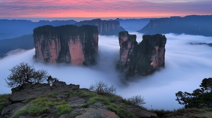 Majestic Mountain Peaks Emerging from Dense Mist at Sunrise