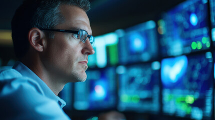 Focused professional analyzing data on multiple monitors in a dimly lit control room
