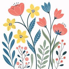 A seamless floral pattern with tulips and flowers, evoking spring nature with delicate leaf and branch design