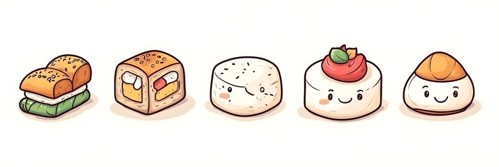 Cute and colorful cartoon sushi and desserts arranged in a row, showcasing vibrant designs and playful expressions