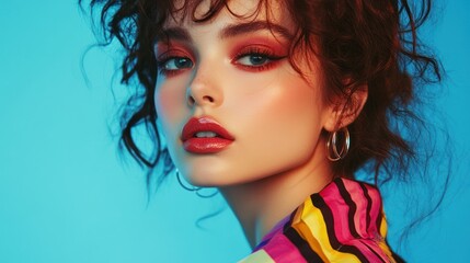 Confident girl in 90s fashion with trendy makeup and hair