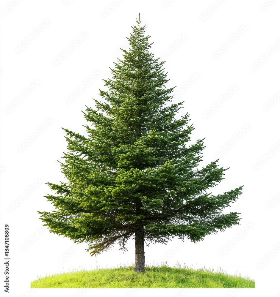 Poster isolated evergreen tree on grass against white background for design use