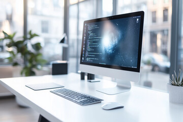 Fototapeta premium Creative workspace with modern computer urban office setting digital environment bright atmosphere professional perspective for productivity