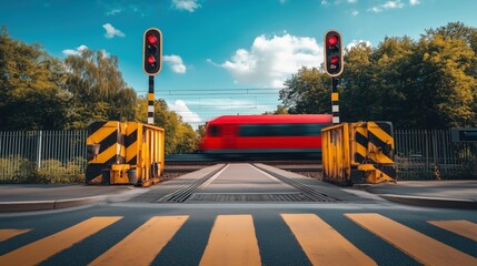A railway crossing with a red train passing by and barriers lowered