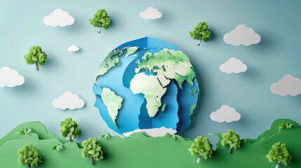 Earth day Environment day layered 3D paper-style Earth with trees and clouds popping out for a handcrafted look. 