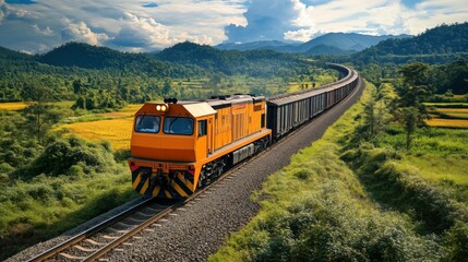 Obraz premium A diesel locomotive pulling a long train across a rural countryside landscape