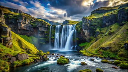 Iceland's Langarfoss thunders, a majestic scene composed with the rule of thirds, showcasing dramatic island landscape photography.