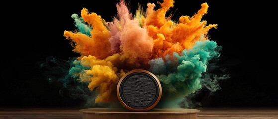 Colorful explosion surrounds speaker on wooden podium
