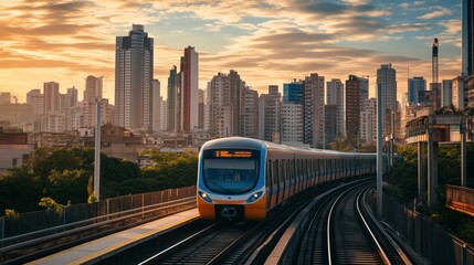 A banner showcasing train transport with an urban skyline in the background