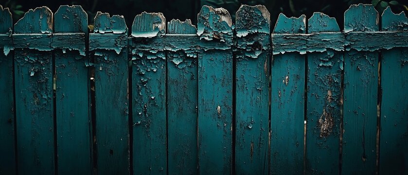 Peeling paint on old blue fence shows texture against dark background