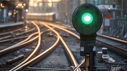A railway signal light turning green as a train approaches