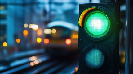 A railway signal light turning green as a train approaches