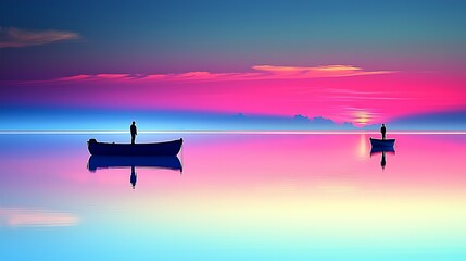 Serene Sunset Over Calm Waters with Silhouetted Fishermen in Boats