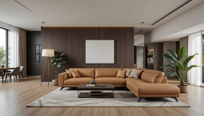 Fototapeta premium Cozy living room design with caramel leather sectional sofa and geometric rug bright natural light modern home